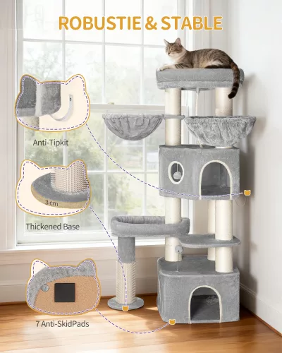 Arbre à chat beige gris clair, sisal, 2 grottes – image 2