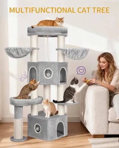 Arbre à chat beige gris clair, sisal, 2 grottes – image 3
