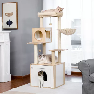 Arbre à chat en bois avec armoire pour litière