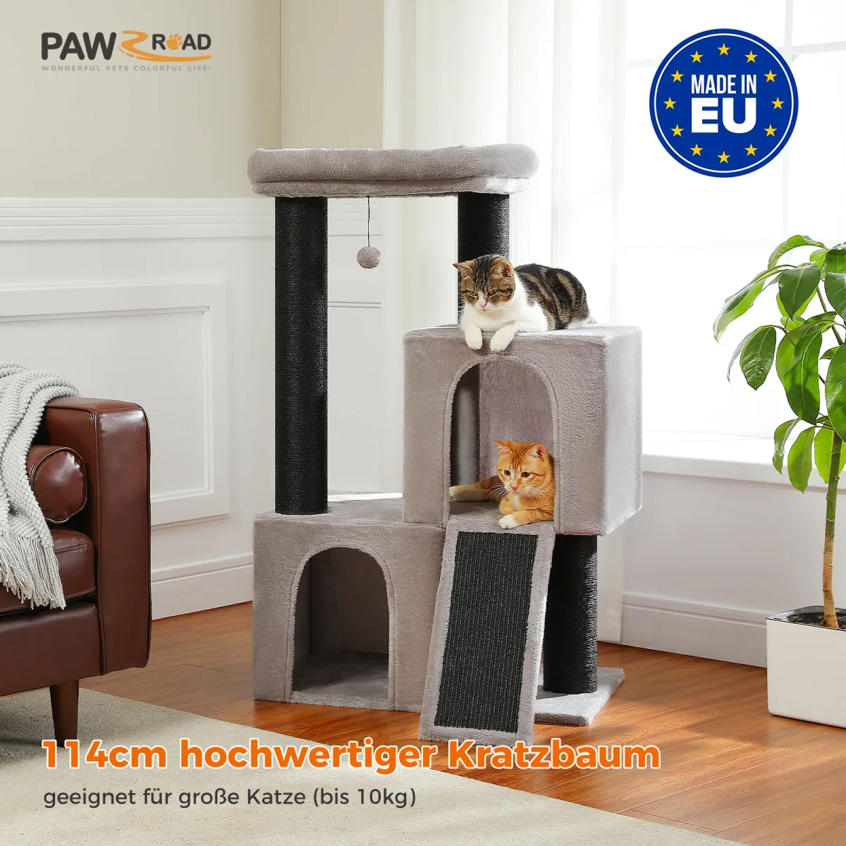 Arbre à chat gris 4 niveaux en sisal, 114 cm