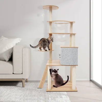 Arbre à chat trois niveaux gris et couleur bois – image 2