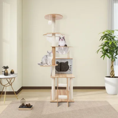 Arbre à chat trois niveaux gris et couleur bois – image 3