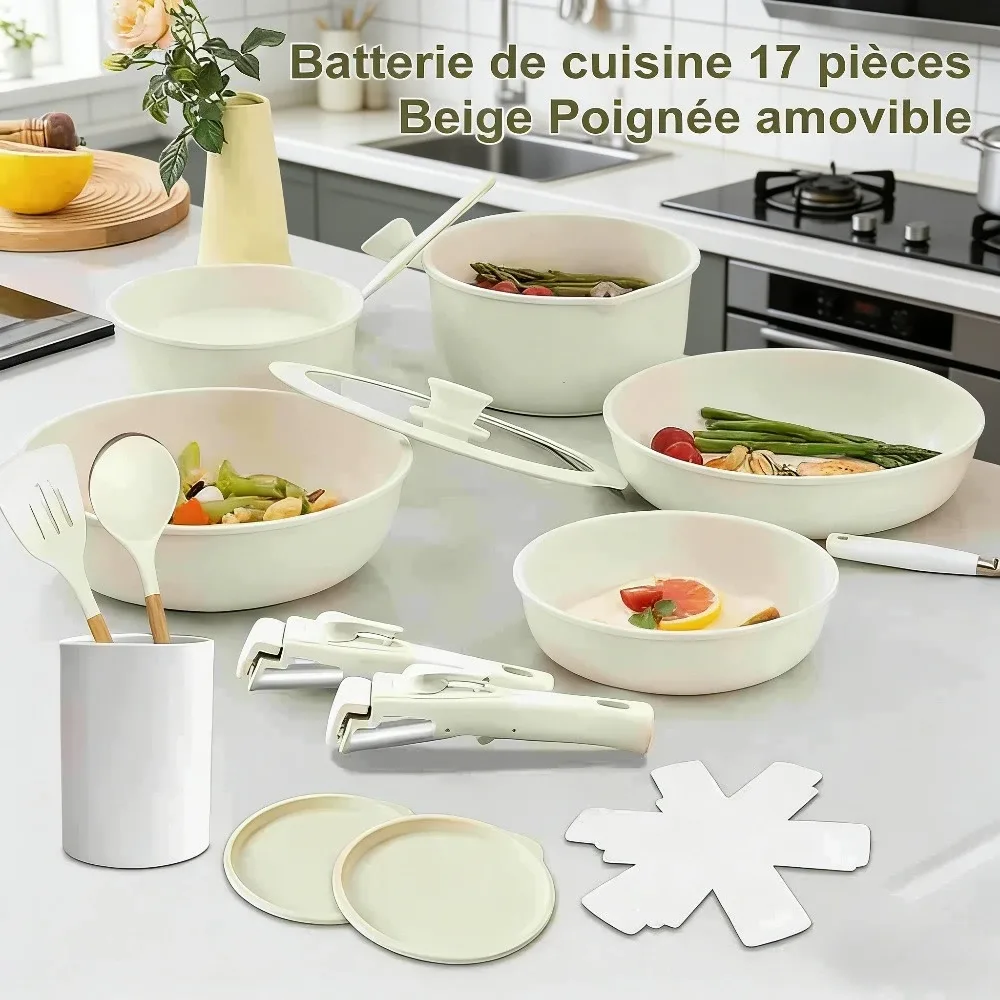 Batterie de cuisine beige 17 pièces antiadhésive