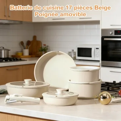 Batterie de cuisine beige 17 pièces antiadhésive – image 2