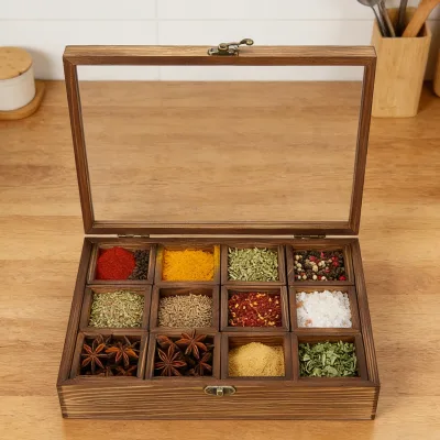 Boîte à épices en bois de pin, 12 compartiments