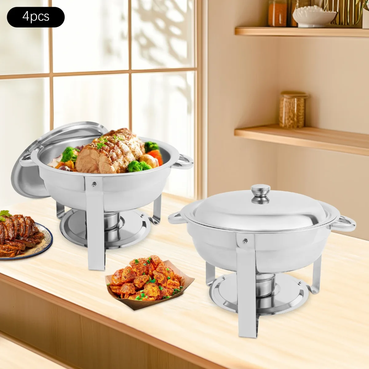 Lot de 4 chauffe-plats ronds en acier inoxydable